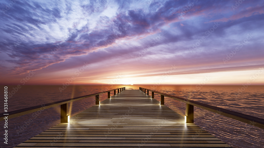 Wooden pier along sunset to the sea . 3D illustration