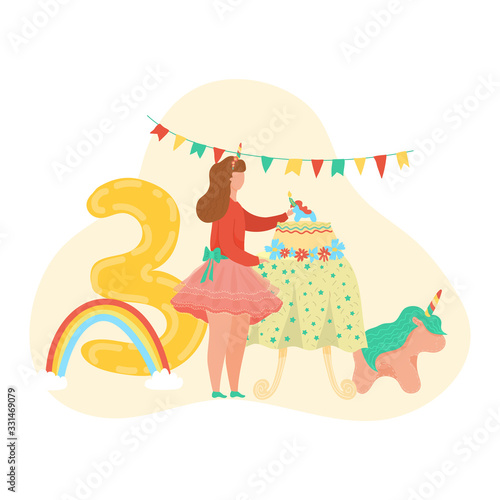 Happy birthday girl  number three letter ballon decoration  cake  gifts  unicorn toy isolated on white cartoon vector illustration. Birthday child party  presents and decoration anniversary.