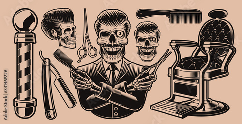 Set of vector elements for barbershop theme on a dark background.