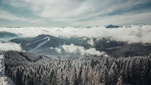 Blue sky and snow-covered hills. Coniferous trees grow in the mountains. Many fir trees in the highlands. Prominent snow-capped peaks. Shooting from a height, with a quadrocopter. Mountain view. © Aleksandr
