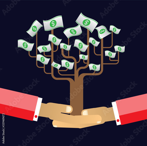 passive income concept vector Illustration, Hand holding Money tree. Financial and business. finance concept in flat style investing money, money in hand. Money tree sign.