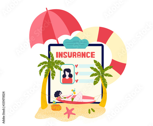 Travel insurance for tourists on vacations -medical insurant case online in tablet with beach, palms, swimming circle cartoon isolated vector illustration. Insured tourism to exotic sea islands, trip.