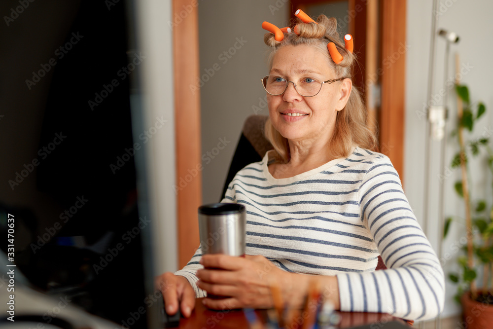 happy woman resting looking at monitor screen happy woman resting looking at monitor screen