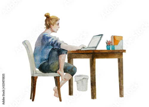 Young woman working with laptop from home on the desk in relaxed pose in home dress. Original watercolor illustration of home quarantine process, isolated on white background