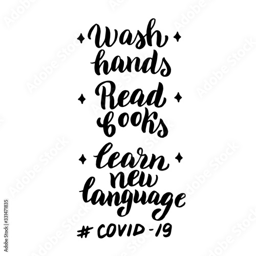 Coronavirus warning poster. Covid-19 inscription lettering banner. Sign to prevent desease outbreak. Stop corona virus epidemic concept leaflet. Vector eps 10.