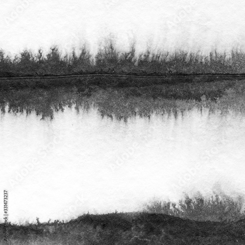 Obraz na płótnie Abstract landscape ink hand drawn illustration. Black and white ink winter landscape with river. Minimalistic hand drawn illustration card background poster banner. Hand drawn watercolor black lines.