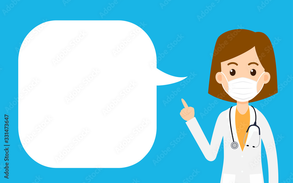 Cartoon women doctor wearing protective mask and pointing finger with a speech bubble Cartoon women doctor wearing protective mask and pointing finger with a speech bubble
