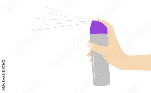 Hands holding aluminium aerosol can and spraying  isolated on white background - Vector illustration