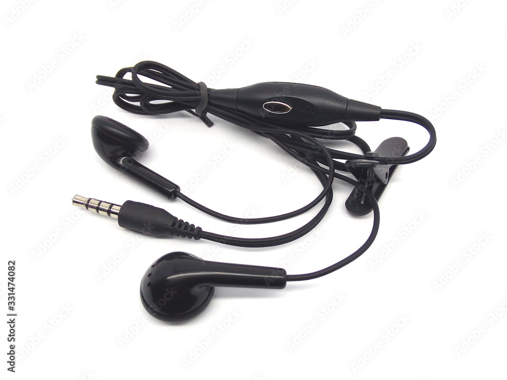 Earphones for mobile phone isolated on white background. Black earbud for smartphone. Earphones for mobile phone isolated on white background. Black earbud for smartphone.