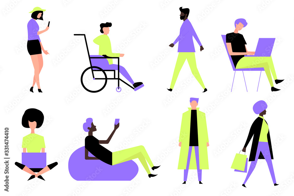 Big set of business people. Office situations. Millennials at work. Diversity. Modern professions. Management. Inclusive team of specialists. Flat editable vector illustration, clip art