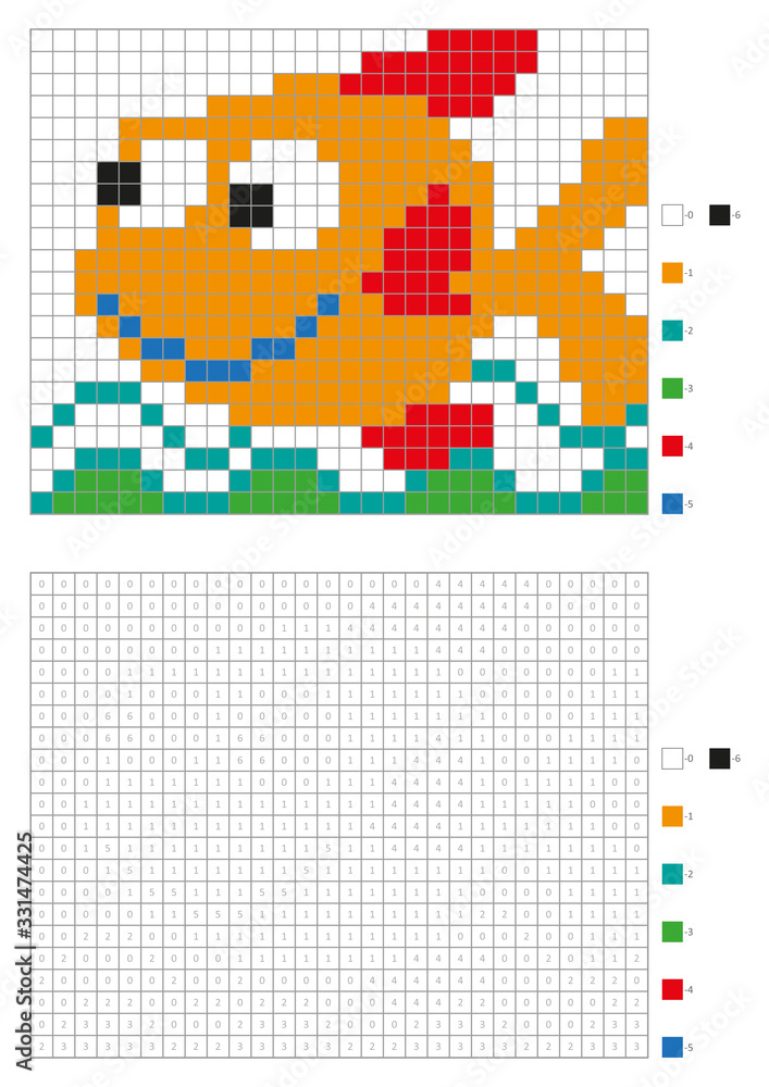 Kids coloring page, pixel coloring cartoon orange fish. Vector ...