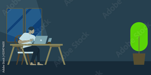 work from home, work space. flat design Work desktop top view, office desk table with laptop. work at home. living room. working room. dark mode.