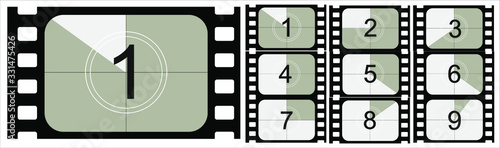 Movie countdown, vintage silent film and blank full frame still photography film realistic thirty five millimeters proportions, set of icons