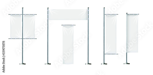Vector set of blank, textile banners or flags in various shapes, for brand promotion, marketing, advertisement isolated on background. Outdoor, portable pole with cloth, mockup for your design.