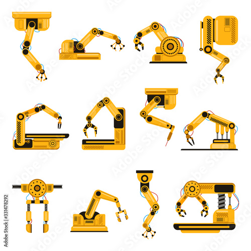 Robotic arms. Manufacturing industry mechanical robot arm, machinery technology, factory machine hands isolated vector illustration set. Mechanical robotic arm, hand engineering robot set