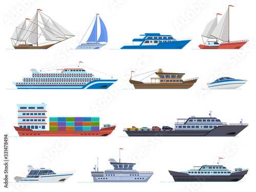 Sailboat ships. Sea transportation boats, cargo ship, yacht, sailing boat, speed boat and ocean cruise liner, sailboats isolated vector icons set. Sailboat and ship, vessel and cruise illustration