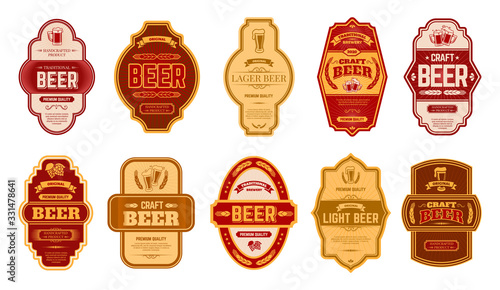 Beer vintage labels. Retro beers brewery badges, alcohol craft vintage lager can or bottle symbols vector isolated illustration set. Old label beer, typography premium badge lettering