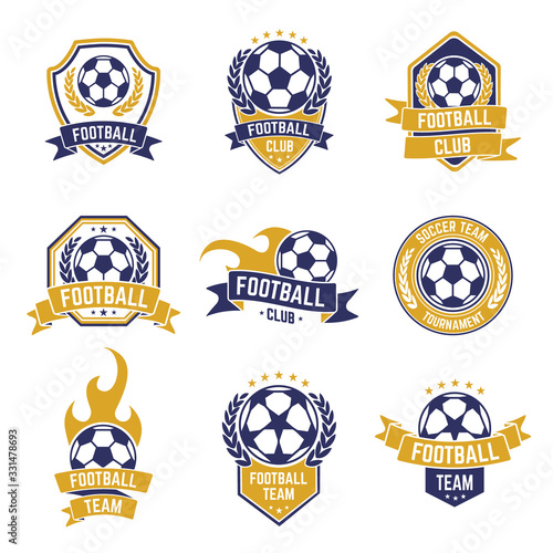 Football team labels. Soccer ball club logo, sport leagues championship stickers, football competition shield emblems vector isolated icon set. Game shield label championship and team soccer league