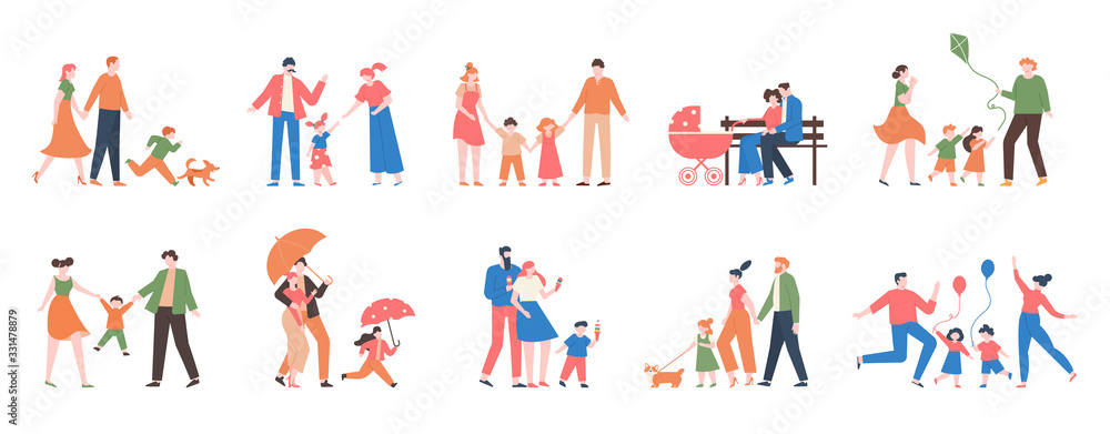 Family walking. Relatives people outdoor, mom, dad and kids at walk, have fun together, active lifestyle of cute family vector illustration set. Dad and mother with kids walk together outdoor