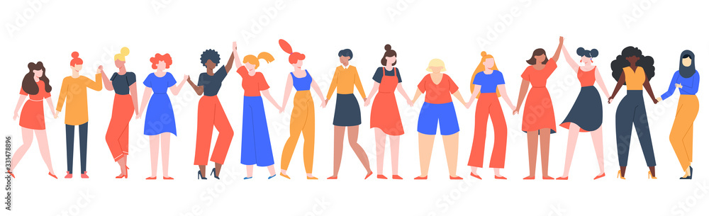 Obraz premium Women friendship group. Diverse female team standing together, holding hands, girls power, multinational sisterhood community vector illustration. Friendship group females, friends people diversity