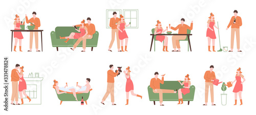 Relax at home. Cozy indoor recreation, characters cooking, eating, taking bath and reading, relaxing holidays lifestyle vector illustration set. Happy character weekend, relaxation and sitting
