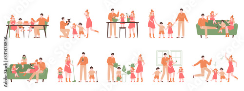 Parents and children at home. Family indoor activity, happy dad, mom and kids playing, cooking, dancing. Happy family vector illustration set. Parent and family activity at home