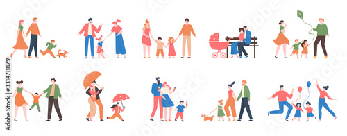 Family walking. Relatives people outdoor, mom, dad and kids at walk, have fun together, active lifestyle of cute family vector illustration set. Dad and mother with kids walk together outdoor