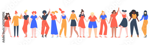 Women friendship group. Diverse female team standing together, holding hands, girls power, multinational sisterhood community vector illustration. Friendship group females, friends people diversity