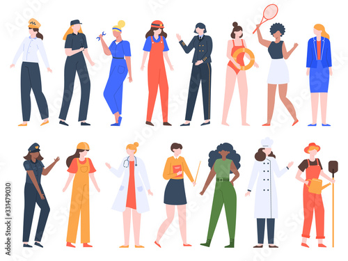 Women job professions. Female workers, lady professional uniform, doctor, policeman, driver and builder workers isolated vector illustration set. People woman job, girls group work teacher, cook