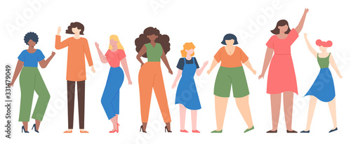Women diverse. Female group empowerment, girls team with different size and skin color, diverseness sisterhood community vector illustration set. Girl group community, different female