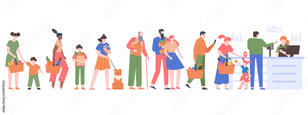 People grocery queue. Characters crowd waiting in cashier line, customers in supermarket, grocery store long queue vector isolated illustration. People grocery market, customer in supermarket