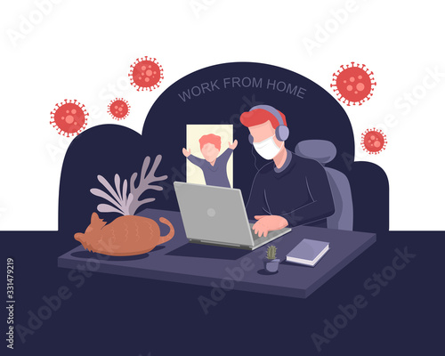 shelter in place concept. work from home with kid and pet during the coronavirus outbreak. stay at home and social distancing to avoid virus pandemic spreading. man working with wearing medical mask.
