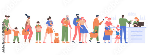 People grocery queue. Characters crowd waiting in cashier line, customers in supermarket, grocery store long queue vector isolated illustration. People grocery market, customer in supermarket