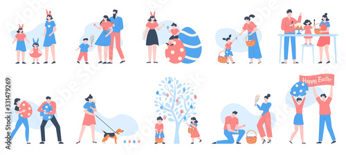 Easter characters. People carrying baskets of eggs, flowers and sweets, celebrating family with happy kids at egg hunting vector illustration set. Easter holiday people, family celebration