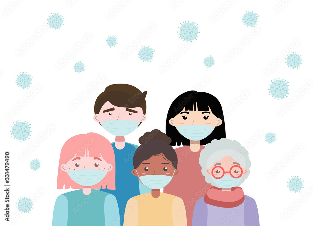 Group of People with protective face masks and Coronavirus CoV. Quarantine and virus infection. Stop COVID-19, 2019-nCoV Novel Corona virus. Vector illustration.