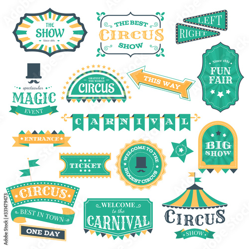 Circus vintage badges. Magic circus carnival retro signs, circus show invitation elements and festival fair event vector illustration icon set. Circus carnival, entertainment show sticker illustration
