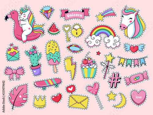 Cute patch badges. Magic fashion doodle patches, fairytale pink rainbow unicorn, ice cream and sweet candy isolated vector illustration icon set. Cartoon girl sticker, fairy animal unicorn ice cream