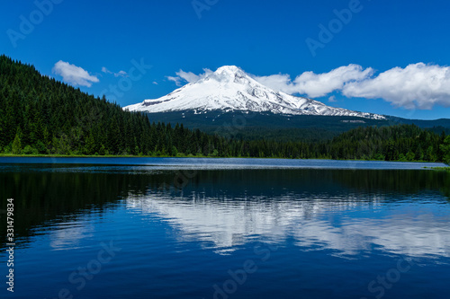 Snowy Mount Hood southern slope with reflection on Trillium Lake, Government Camp, Mt Hood National Forest, Oregon. photo