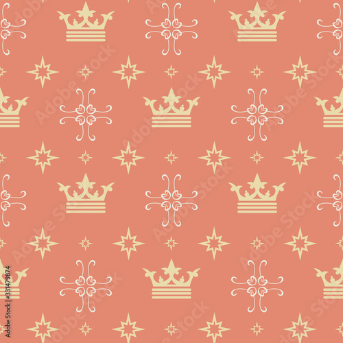 Retro seamless pattern with royal crowns on orange background
