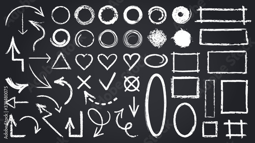 Sketch chalk elements. Sketch chalkboard elements, hand drawn graphic arrows, frames, round and rectangle shapes isolated vector icons set. Illustration round mark, cross tick rectangle shape sketch