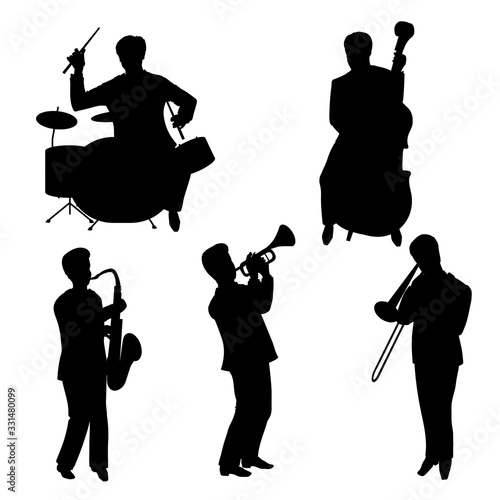 Vector Illustration of man silhouettes playing the trombone, trumpet, drums, saxophone, contrabass. Handsome jazz musicians. Set of characters isolated on white background