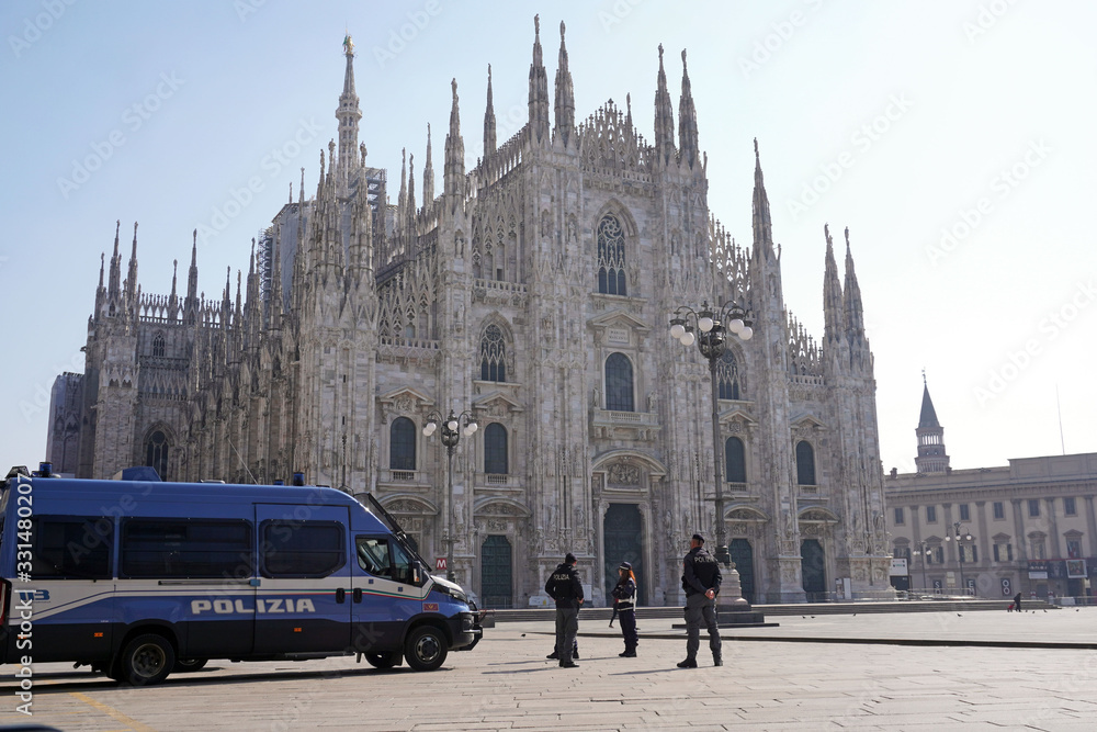 Europe, Italy Milan march 2020 - Duomo Cathedral, Vittorio Emanuele Gallery empty of people and tourist, n-cov19 Coronavirus epidemic - checkpoints, police checks