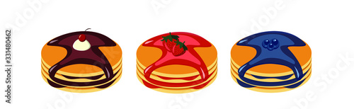 Set of pancakes with various fillings: chocolate, strawberry and blueberry syrup. Traditional breakfast. Flat vector illustration of food.