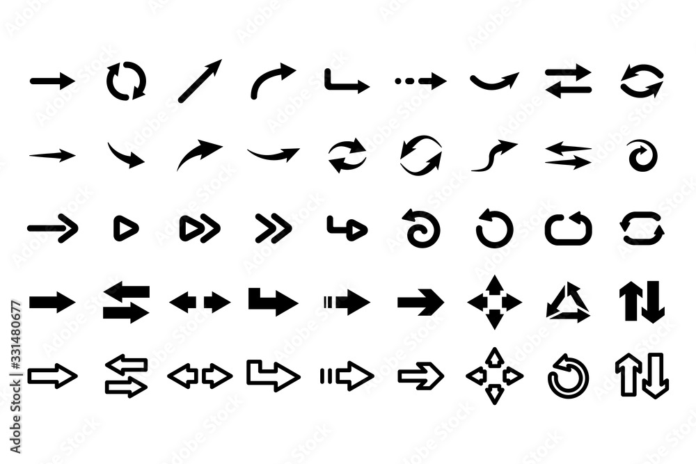 Web arrows. User pointer arrow sign, web interface pictograms, arrows collection for mobile apps, ui and web design, arrowheads isolated vector set. Click buttons, navigation illustration