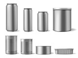 Realistic metal tincans. Food and drink can, beverage packaging mockup and different shapes steel beer cans isolated 3d vector set. Container tin and can steel, product metal template illustration