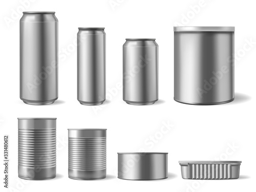 Realistic metal tincans. Food and drink can, beverage packaging mockup and different shapes steel beer cans isolated 3d vector set. Container tin and can steel, product metal template illustration