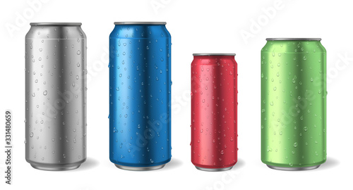 Aluminium cans with water drops. Realistic metal can mockups for soda, alcohol, lemonade and energy drink illustration set. Aluminium metal can, energy and lemonade illustration