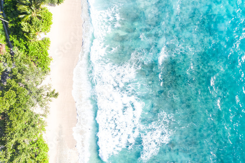 Seychelles aerial photo Takamaka beach Mahe copyspace nature vacation paradise ocean drone view