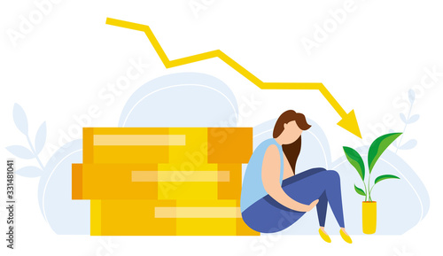 Modern vector illustration of world financial crisis. Oil price drop. Collapse of the economy. Bankruptcy. Down arrow stocks graph. Economy stock market crash down. Depression amid losing money.