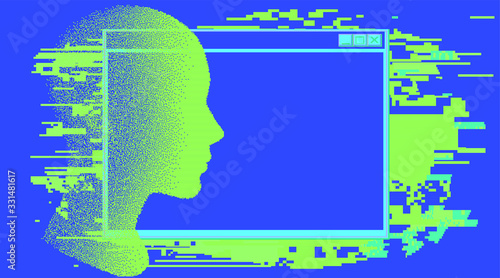 Human head made of particles with glitch art effect. Futuristic cyberpunk style vector illustration, concept of malware and computer viruses.